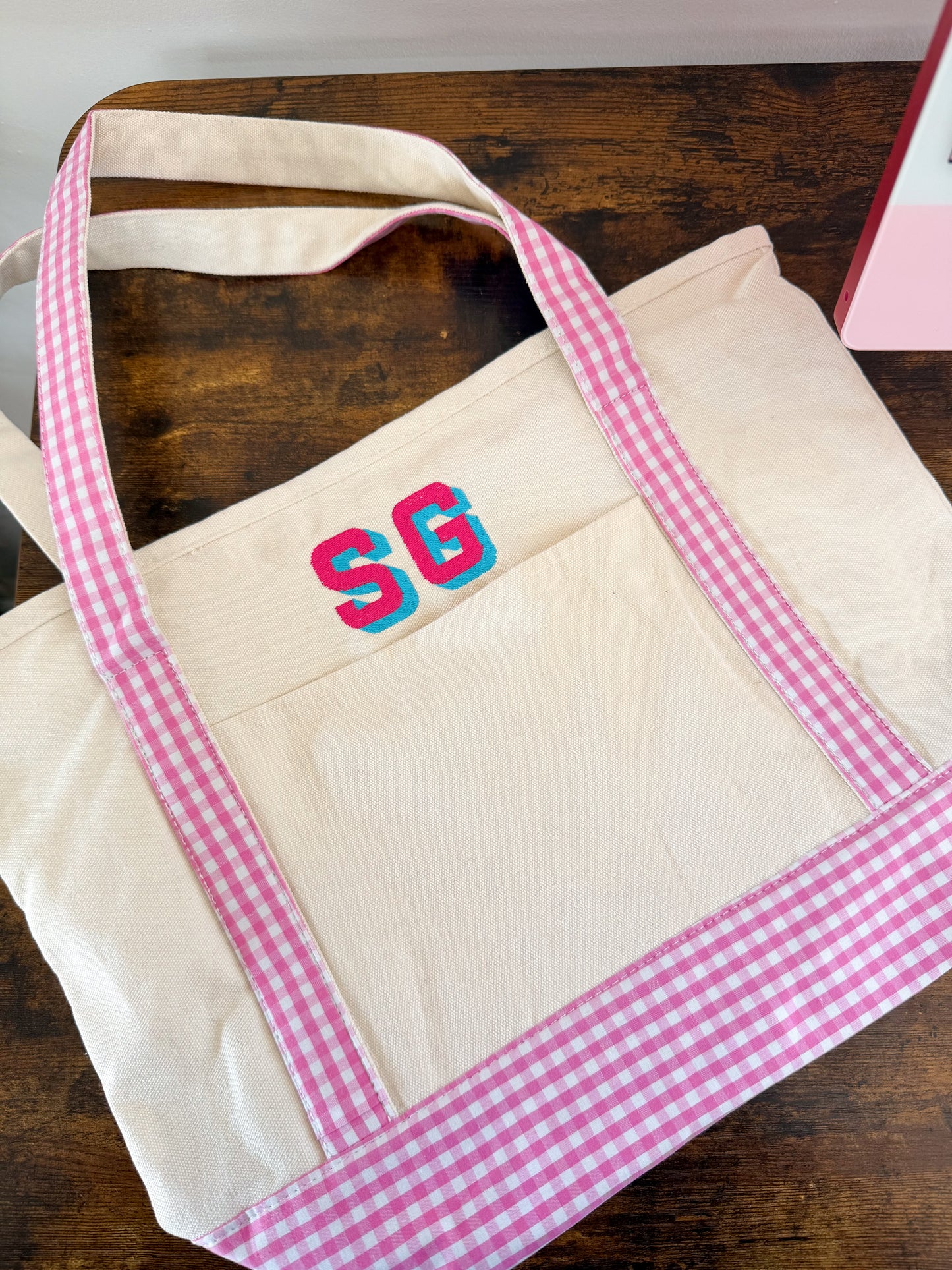 Block Monogram Gingham Tote