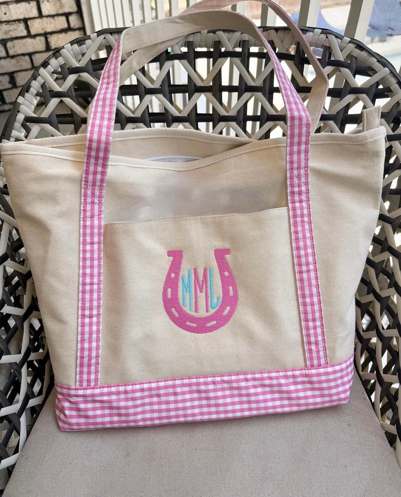 Monogram Horseshoe Gingham Tote