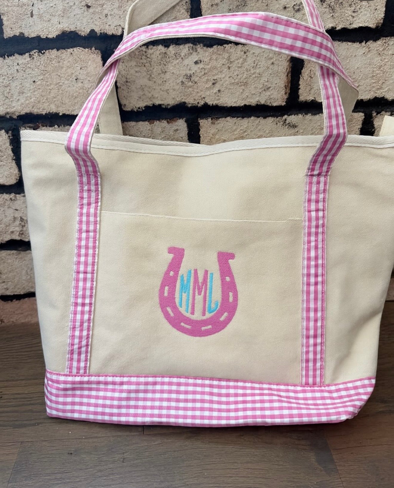 Monogram Horseshoe Gingham Tote