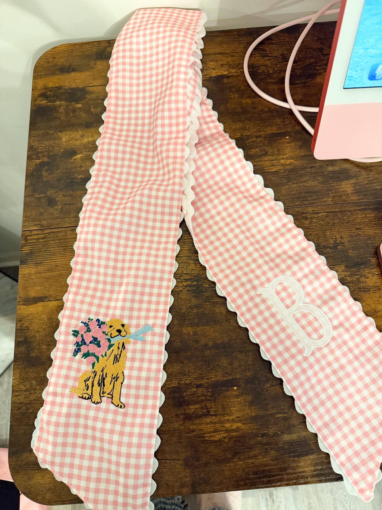 Pink Gingham Monogrammed Golden Retriever Wreath Sash