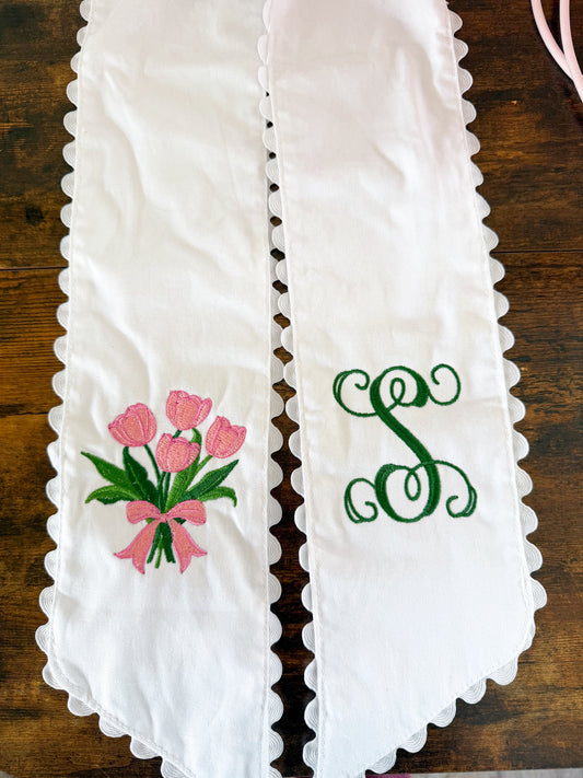 White Monogrammed Pink Tulip Bouquet Wreath Sash