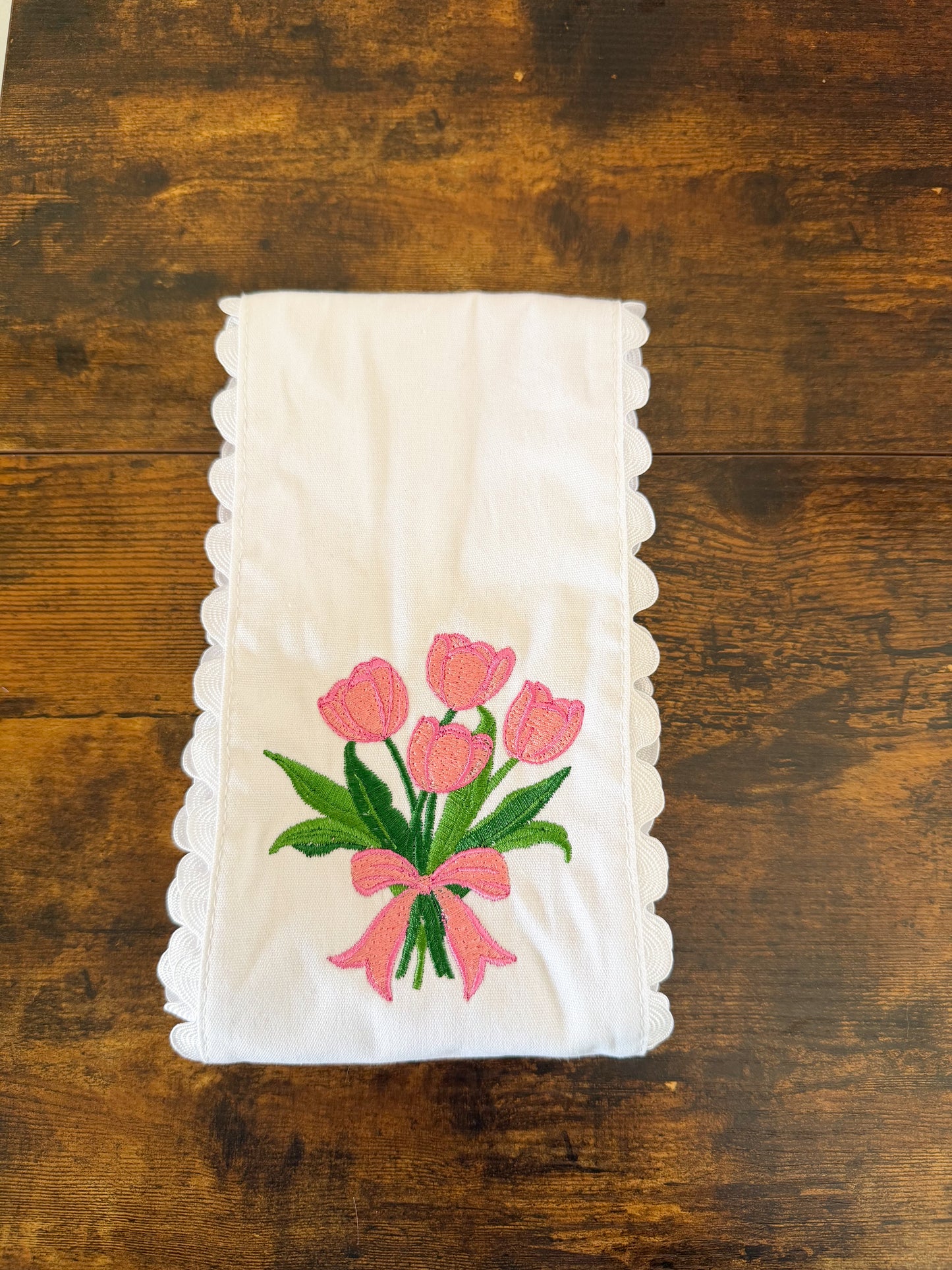 White Monogrammed Pink Tulip Bouquet Wreath Sash