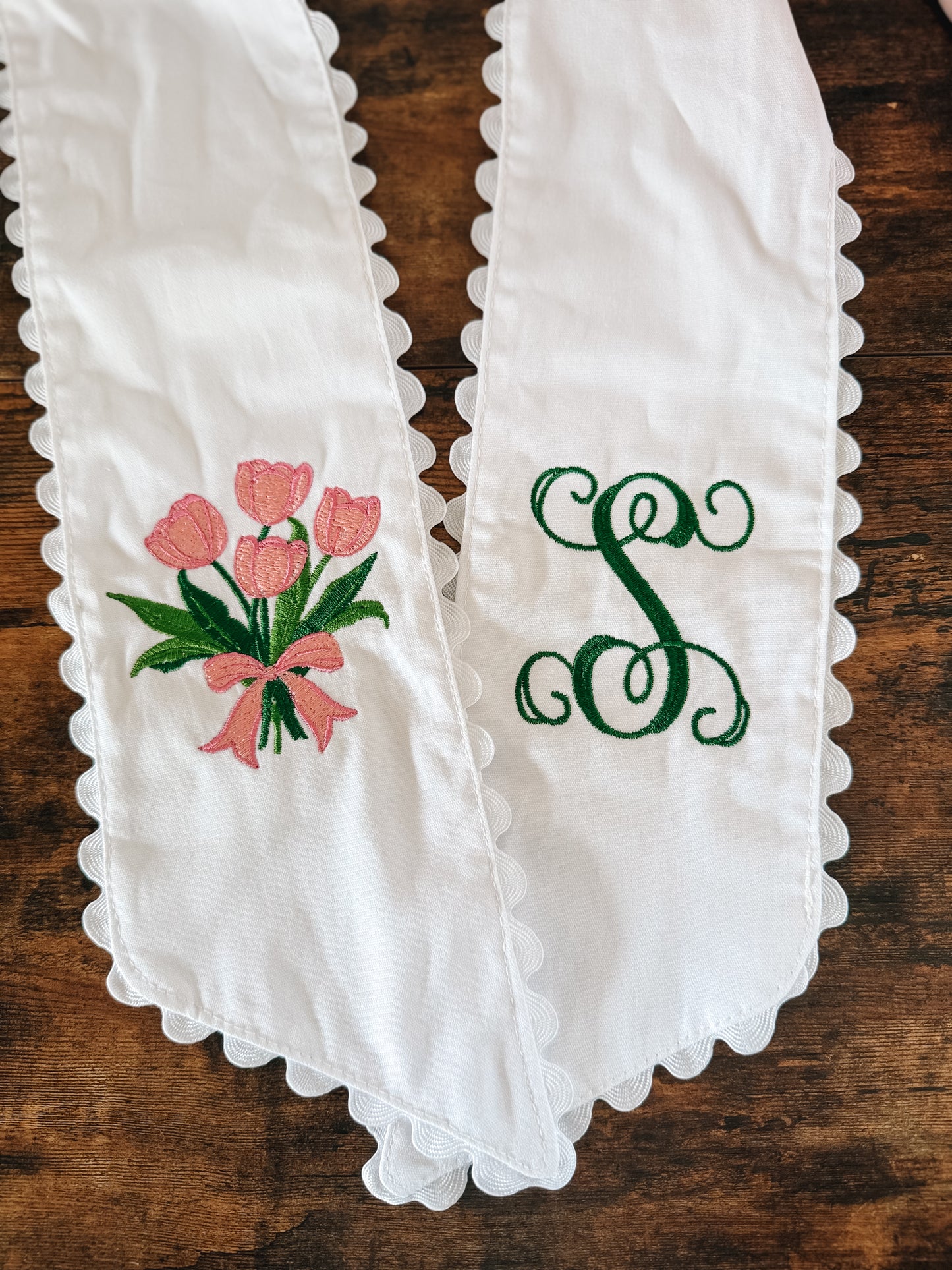White Monogrammed Pink Tulip Bouquet Wreath Sash