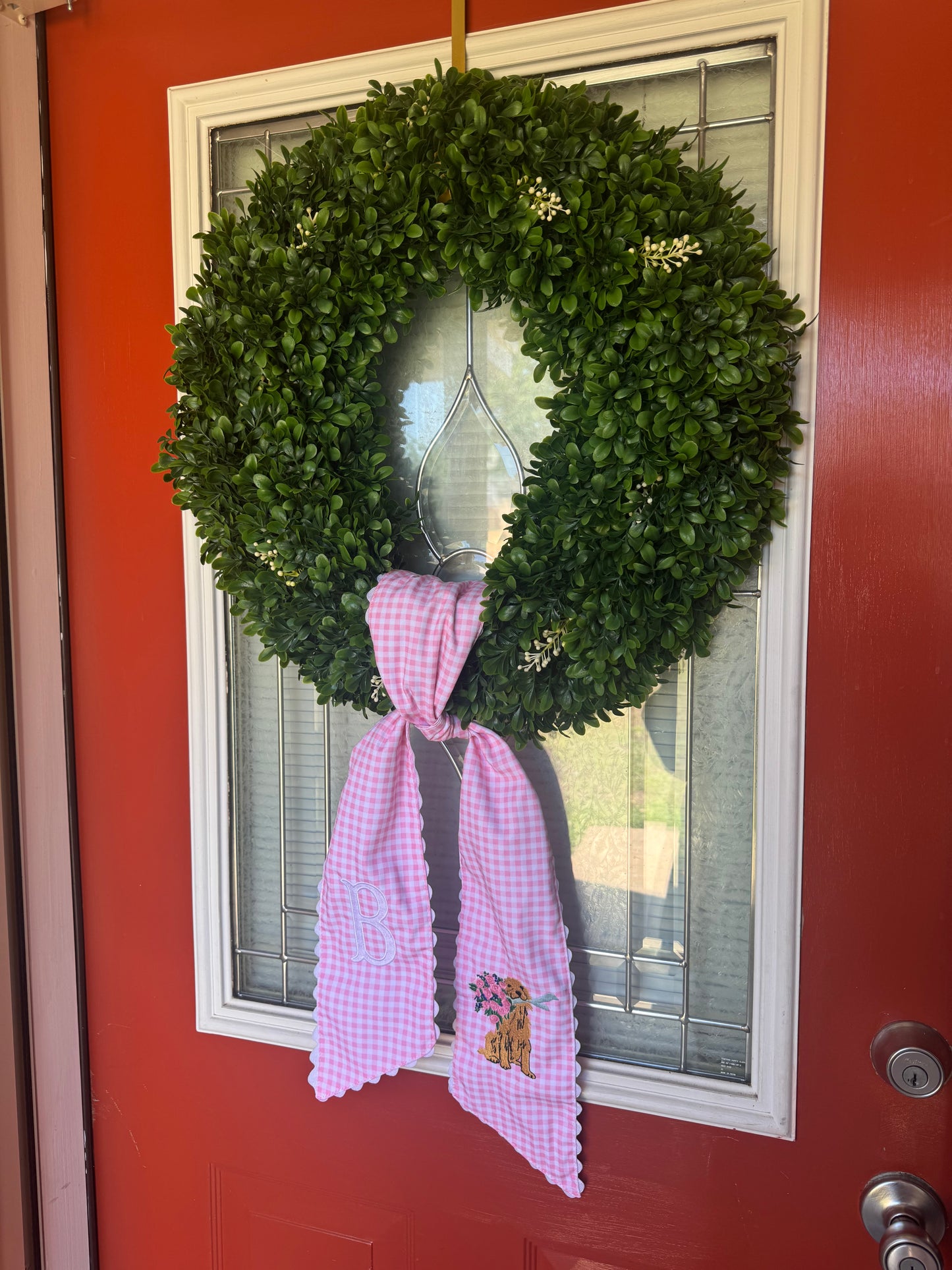 Pink Gingham Monogrammed Golden Retriever Wreath Sash