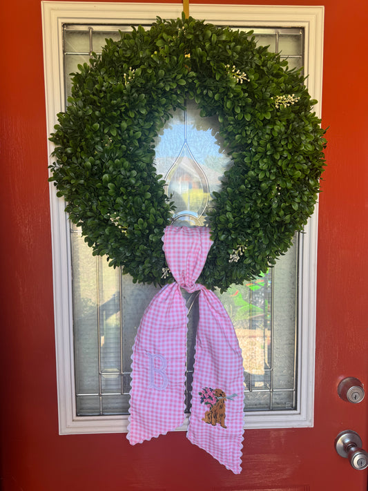 Pink Gingham Monogrammed Golden Retriever Wreath Sash