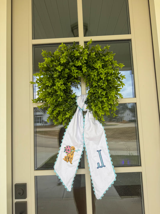 Blue Monogrammed Golden Retriever Wreath Sash